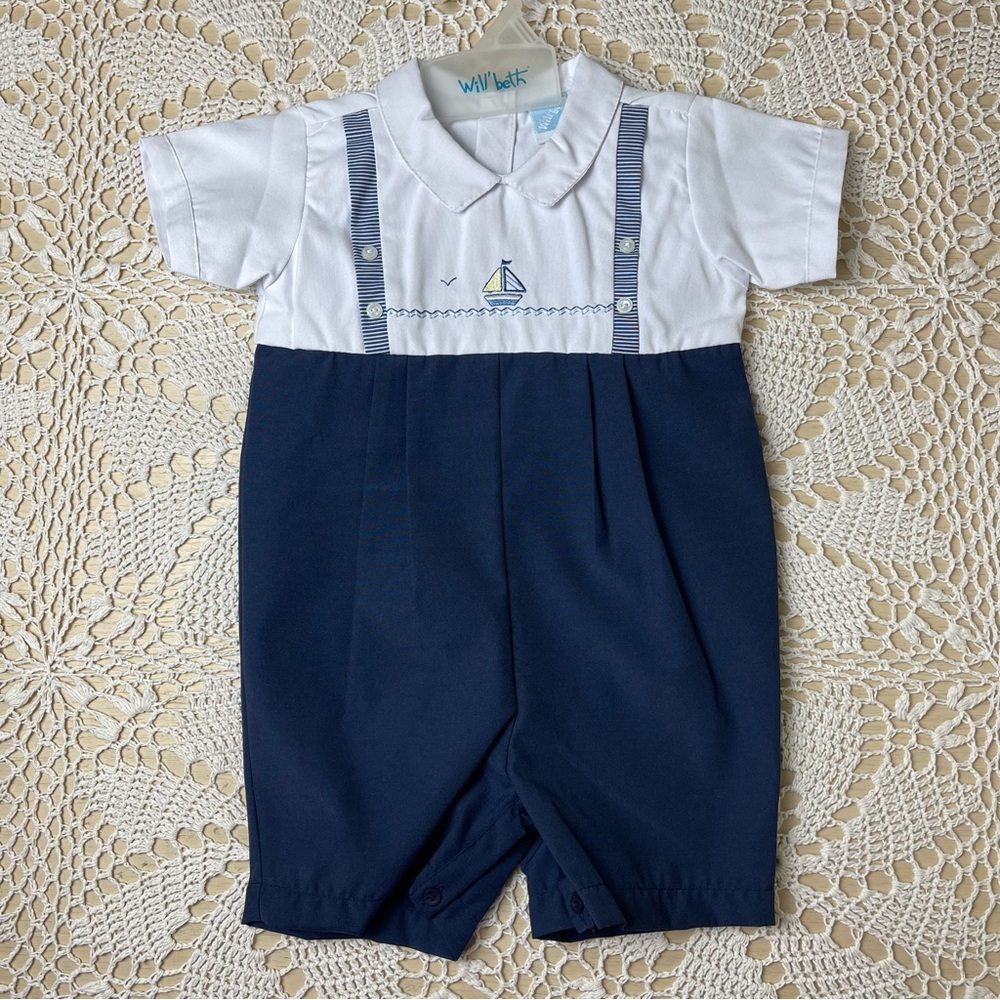 Will'Beth Baby Boy 24 Months Navy Sailboat Emroidered Nautical Romper NWOT